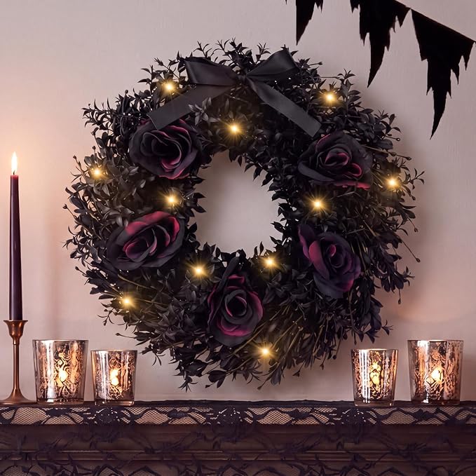 Sureio Halloween Black Rose Front Door Wreath with LED Lights, 16 Inch - skull wreath
