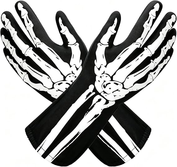 Forwe Halloween Skeleton Gloves, Glow in the Dark Full Finger Arm Length Skull Bone Gloves for Halloween Cosplay Parties - skeleton