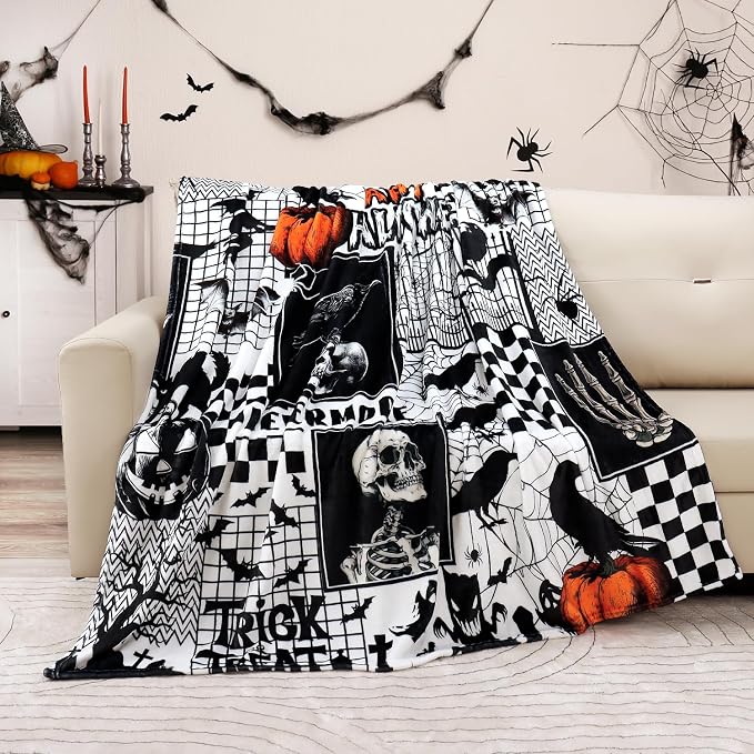 Halloween Black Gothic Throw Blanket Pumpkin Crow Festival Themed Blanket Cat Bat Skull Blankets Soft Cozy Flannel Fleece Bed Blankets for Couch Sofa Bed Lounging - skull blanket