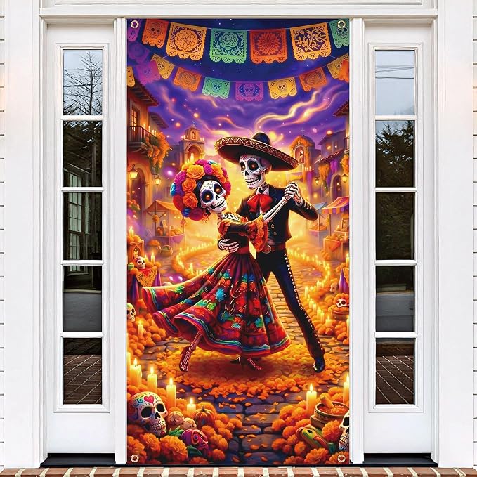 Dia de los Muertos Door Cover Banner, 71 x 35 Inch - skull floor mat