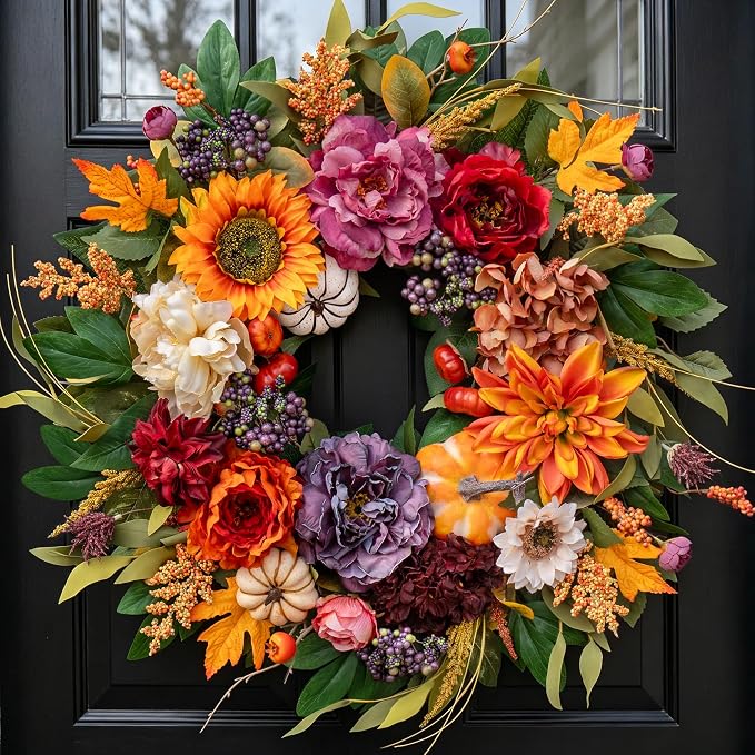 24 Inch Fall Wreaths for Front Door, Autumn Harvest Wreath, Porch Decor