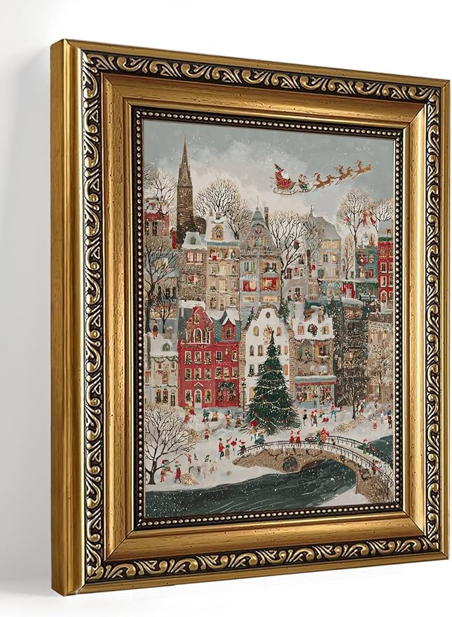 Christmas Village Wall Decor Vintage Winter Wall Art Gold Framed Print 8x10 - skull wall art