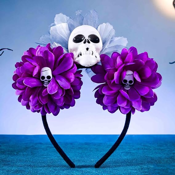 Halloween Headband Purple Skull Flower Hairbands Day of the Dead Gothic Headpieces Cosplay Costume Hair Accessories for Women - skull headband