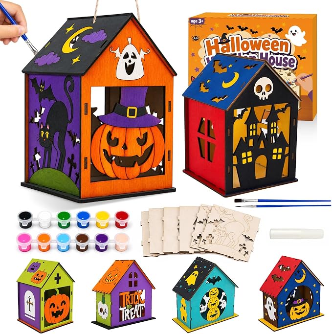 hapray 6 Pcs Halloween House Crafts, Wooden Pumpkin Painting kit for Kids