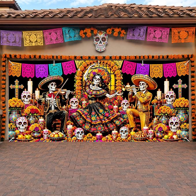 HOMETITUTE Day of the Dead Garage Door Cover 16x7ft Sugar Skull Decor - skull inflatable