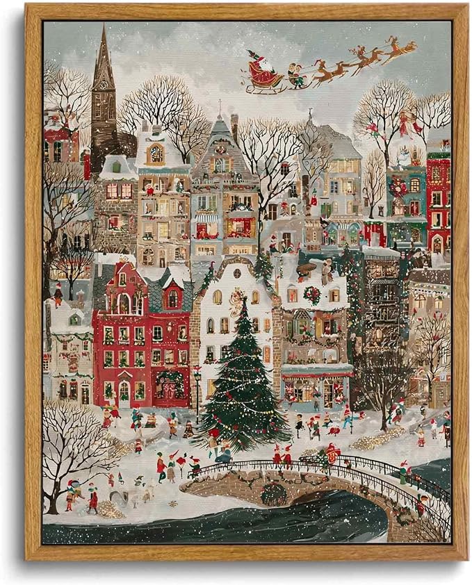 Framed Christmas Town Wall Art, Winter Snowy Village Canvas Prints, 8x10in - skull wall art