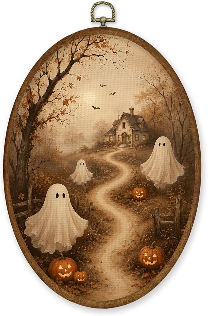 Luipk Rustic Fall Halloween Ghost Oval Canvas Wall Art Framed 8.6×11.4in