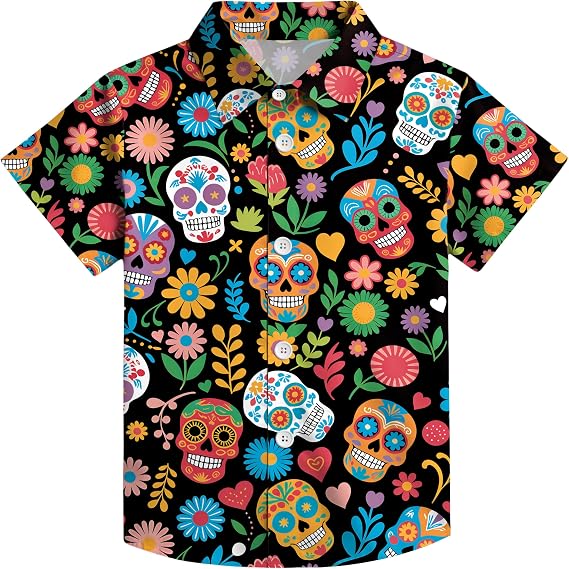 Kids Day of Dead Shirts Dia De Los Muertos Tees Skeleton Button Down Tshirt Halloween Skull Short Sleeve Tops - skull tshirt
