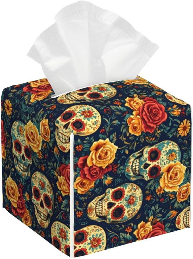 Retro Flower Skull Print Tissue Box Cover Square Modern Decorative Tissue Box Holder, Cute Leather Box Cover Car Tissue Holder for Bathroom, Night Stands, Desk, Office Decor - skull toilet paper