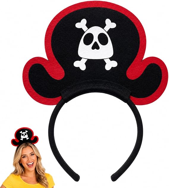 Pirate Headband for Men and Women, Mini Pirate Hat Headband with Skull and Crossbones, Pirate Captain Hairband Accessories for Halloween Party, Cosplay Costume, Festival, Photobooth Hair Prop - skull headband