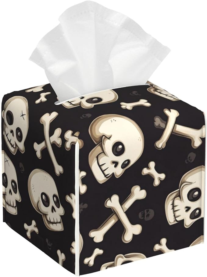 Cute Skull Print Tissue Box Cover Square Modern Decorative Tissue Box Holder, Cute Leather Box Cover Car Tissue Holder for Bathroom, Night Stands, Desk, Office Decor - skull toilet paper