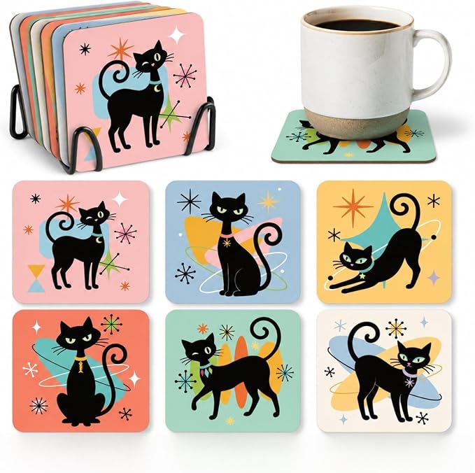 6 Pcs Atomic Cat Coasters 4 Inch Black Cork Cat Coasters for Drinks - skull coaster