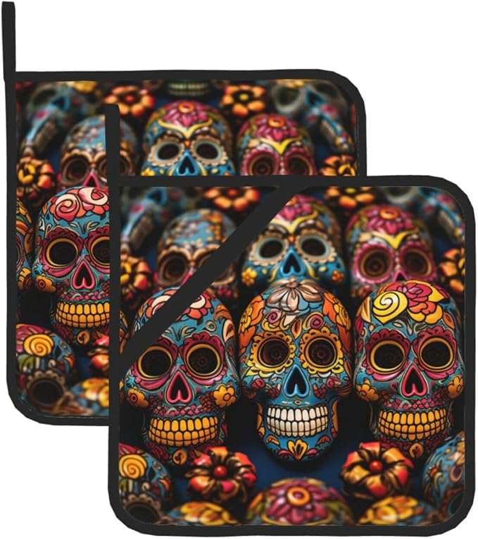 Pot Holders Set of 2 Heat Resistant Non Slip Potholders Colorful Sugar Skulls Pot Holders Kitchen Hot Potholders Washable Oven Mitts Cooking Pads Oven Hot Pads for Kitchen Cooking Baking Barbecue - skull ashtray