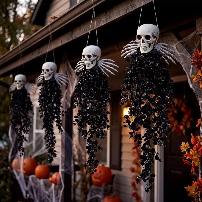 4pcs Halloween Decoration Skeleton Black Hanging Flower Eucalyptus Plant