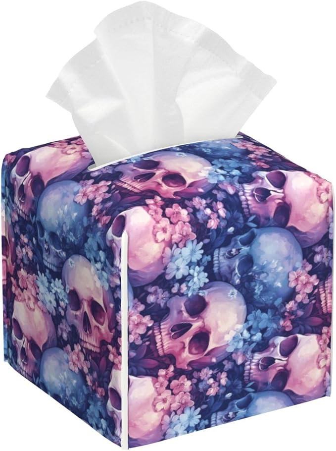 Romantic Flower Skull Print Tissue Box Cover Square Modern Decorative Tissue Box Holder, Cute Leather Box Cover Car Tissue Holder for Bathroom, Night Stands, Desk, Office Decor - skull toilet paper