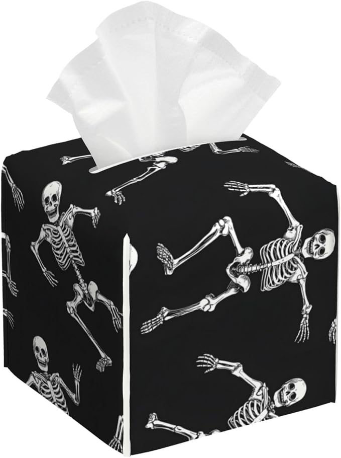 Cute White Skull Print Tissue Box Cover Square Modern Decorative Tissue Box Holder, Cute Leather Box Cover Car Tissue Holder for Bathroom, Night Stands, Desk, Office Decor - skull toilet paper