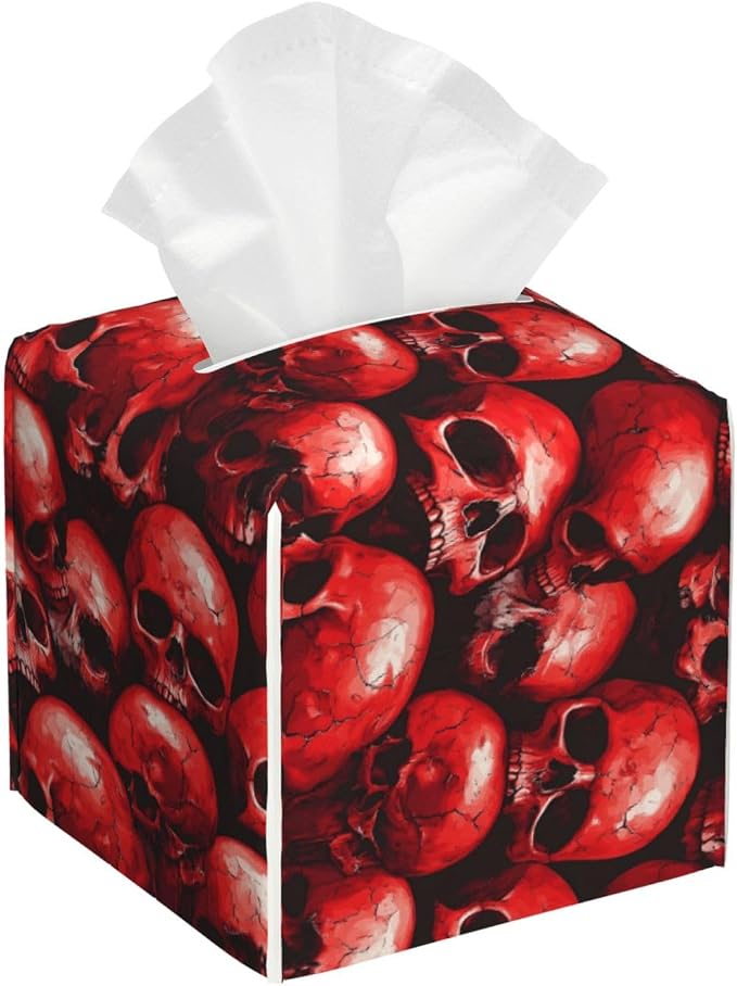Red Skull Print Tissue Box Cover Square Modern Decorative Tissue Box Holder, Cute Leather Box Cover Car Tissue Holder for Bathroom, Night Stands, Desk, Office Decor - skull toilet paper