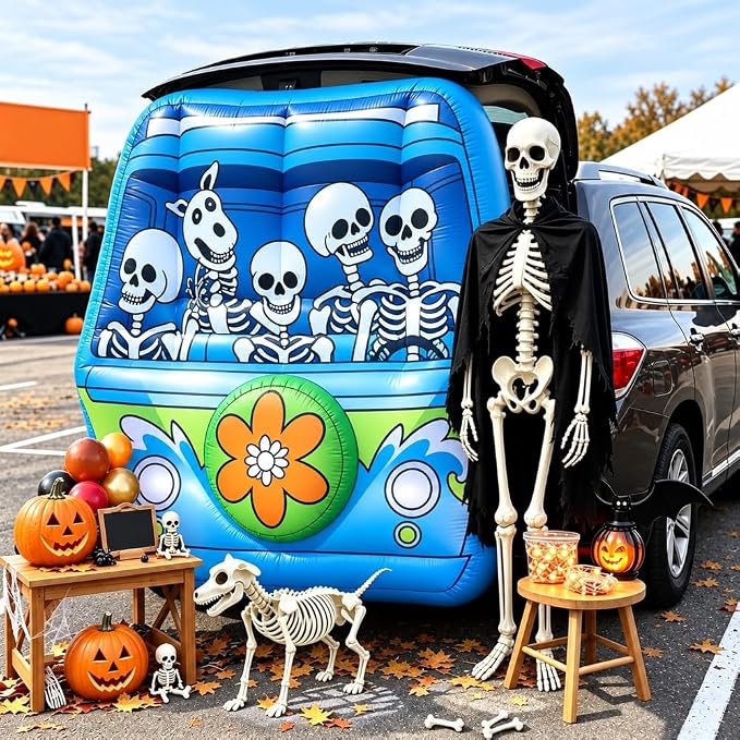 Halloween Inflatable Trunk or Treat car Decorations kit – Skeleton Car Haunted House Banner with Green LED Lights for SUV, Truck & Garage – Eye-Catching Spooky Yard Decorations that Outdoor Decor