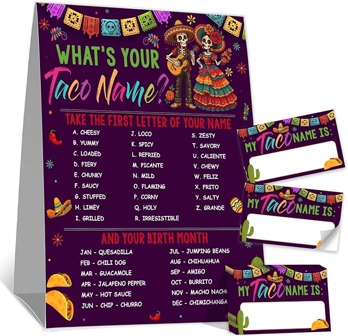 What's Your Taco Name, Day of the Dead Themed Taco Naming Game, Fiesta Night-Birthday Party Icebreaker Activity Decor Supplies, 1 Stand Sign with 30 Stickers - skull sticker