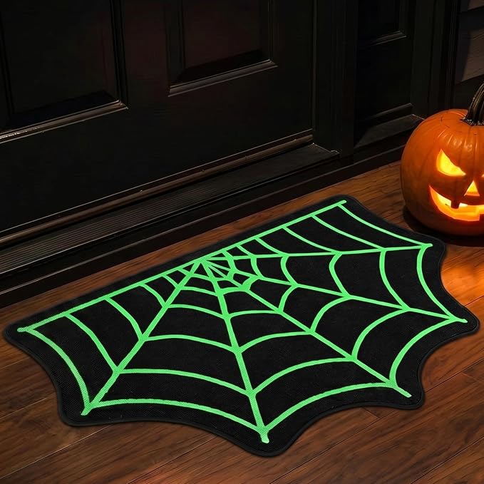 Halloween Spider Web Door Mat 16×28″ Non Slip Glow in The Dark Rug