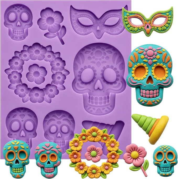 Sugar Skull Silicone Fondant Mold for Day of the Dead Cake - skull wreath