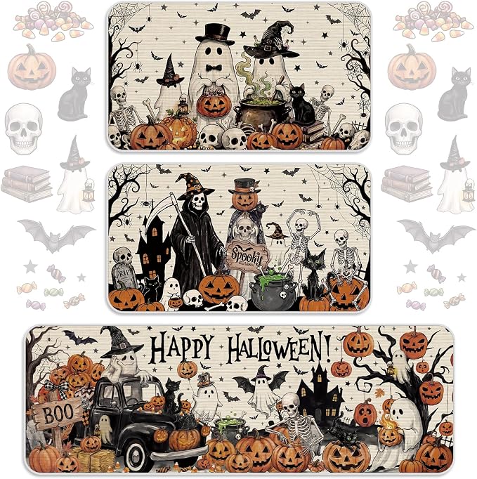Halloween Kitchen Rugs Set of 3,Vintage Ghost Non Slip Floor Mats