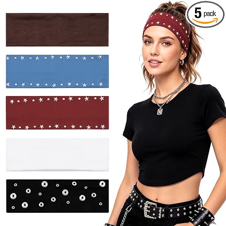 Needbrock 5 Pack Rivet Punk Headbands, Goth Headbands - skull headband