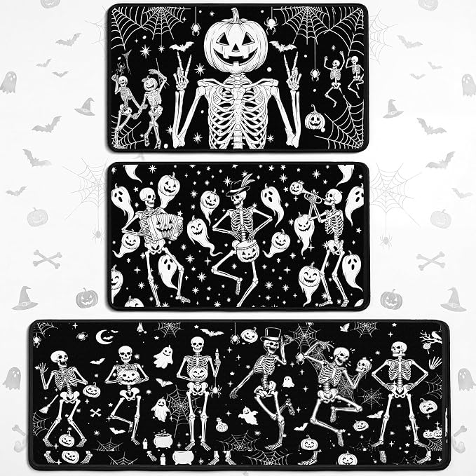 3 Pcs Halloween Kitchen Rugs and Mats Set Anti-Fatigue Non Slip - skull toilet mat
