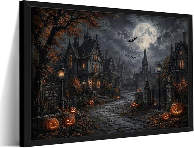 Black Wood Framed Canvas, Vintage Halloween Gothic Town Wall Art, 12x16in - skull wall art