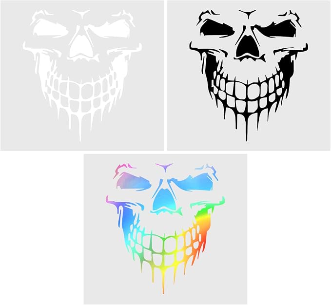 3Pcs Skeleton Face Stickers for Cars, Windows & Bumpers, Waterproof Self-Adhesive Skull Vinyl Decals for Laptop, Helmet, Motorcycle, Truck & Outdoor Surfaces - Black, White & Rainbow Holographic - skull sticker