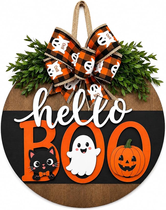 Cute Halloween Ghost Wreath Hanger Sign Decorations for Front Door Wreaths (Cute Halloween Ghost) - skull wreath