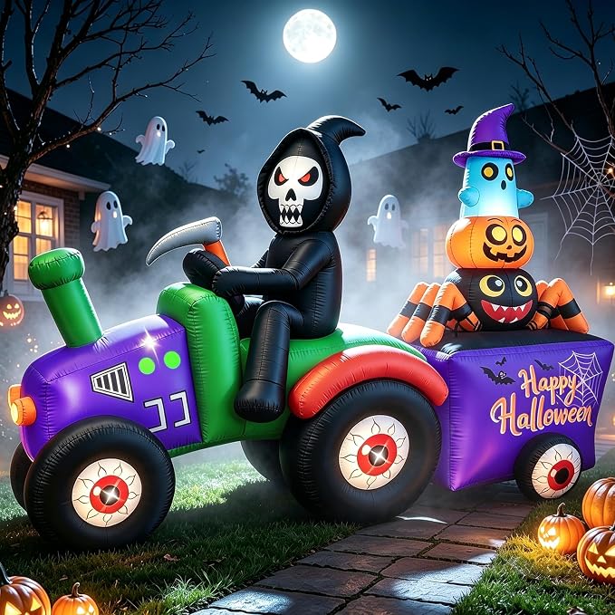 BLOWOUT FUN 7FT Long Halloween Inflatable Grim Reaper Tractor Truck - skull inflatable