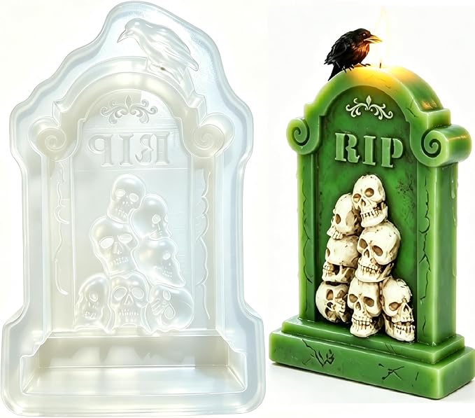 Halloween Crow Skulls Tombstone Silicone Mold, RIP Gravestone Mold for Chocolate Candle Resin Halloween Decor - skull ashtray