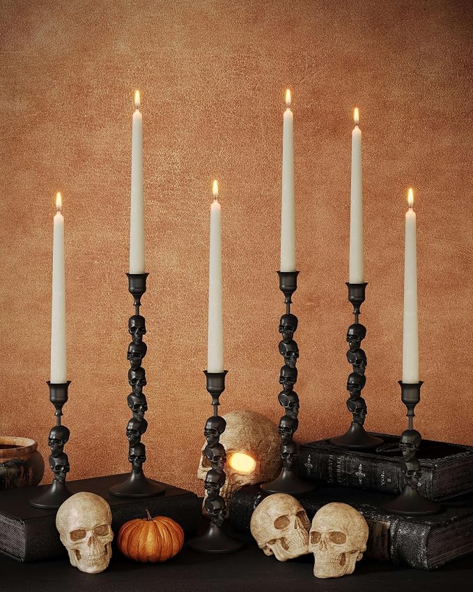 Skull Candle Holder, Gothic Taper Candlestick for Halloween, 6 Pack - skull candle