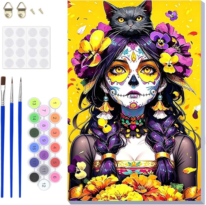 DOMROM Gothic Paint by Numbers Kit for Adults, Sugar Skull DIY Acrylic Oil Painting on Canvas, Gothic Art Paint by Number Kit, Halloween Decor Adult Craft Gift 8x12 Inch - skull painting