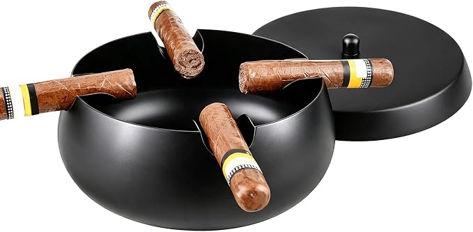 Extra Large Cigar Ashtray with Lid For Outdoors Indoors Outside Patio Home Desktop Decor,1.3" Wide Cigar Holder For Cigars,Cool Cigar Accessories Gifts for Men Dad Husband Boyfriend,Black - skull ashtray