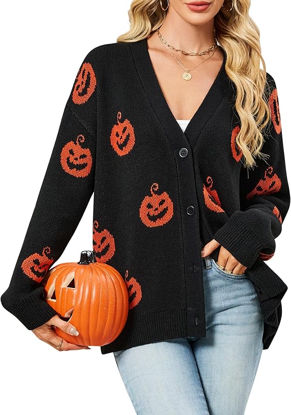 Cardigan Sweaters for Women Halloween Pumpkin Oversized Outerwear - skull jacket