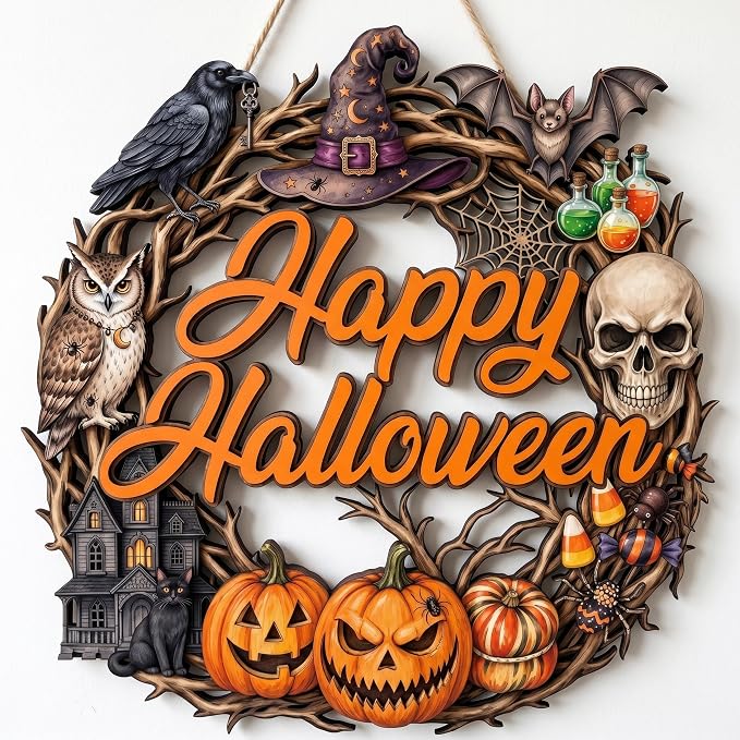 Halloween Wreath Wooden Door Sign Decor for Front Door, Hanging Wood Wall Plaque for Indoor Outdoor Farmhouse Porch Party，C