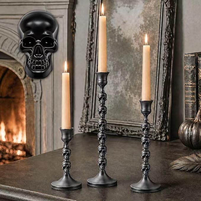 Skull Candle Holder, Gothic Taper Candlestick for Halloween, 3 Pack - skull candle