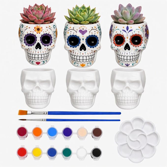 Voittozege Paintable Skull Planter 6 Pack Paint Your Own Ceramic Craft Kit - skull painting