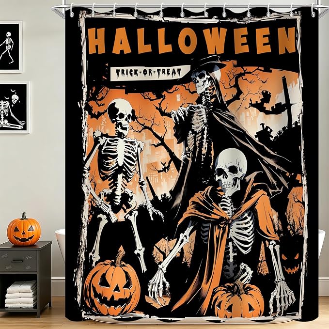 Spooky Halloween Shower Curtain Vintage Black Dark Skeleton Gothic Skulls Retro Trick or Treat Pumpkins Lantern Bath Curtain for Bathroom Waterproof Fabric Machine Washable 72″ Wx72 L