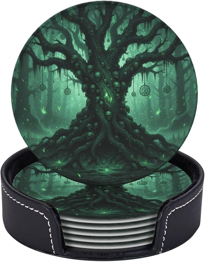 Vintage Gothic Forest Skull Tree Leather Coasters Set of 6 with Holder, 3.9" Round Drink Coaster Cup Mat for Tabletop Protection, Heat Resistant & Non Slip for Home, Kitchen, Bar - skull coaster