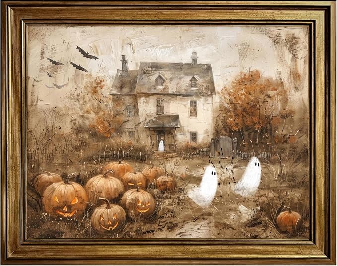 Cute Ghosts Halloween Wall Art Vintage Spooky Haunted Pumpkin Patch Poster Country Cottage Landscape Painting Rustic Fall Farmhouse Wall Decor for Living Room Bedroom Office 8x10inch Retro Gold Frame - skull painting