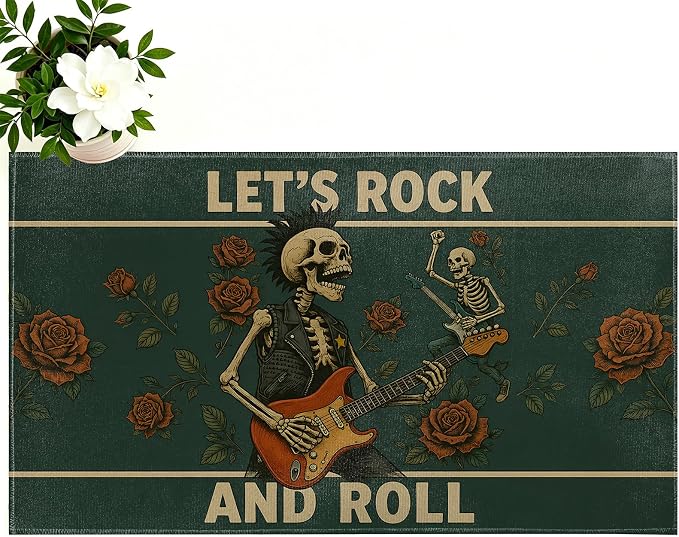 Skull Door Mat Indoor 17x29.5 Inch,Electric Guitar Rock Music Doormat,Skeleton Rose Vintage Decor Gifts,Nonwoven Entrance Rug,Non Slip Dot Plastic Backing,Kitchen Bathroom Floor Pad - skull floor mat
