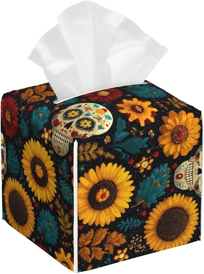 Sugar Skull Print Pu Leather Tissue Box Cover,Square Tissue Holder, Tissue Box Case for Bathroom Vanity Desk Office Car,Tabletop Decorative - skull toilet paper