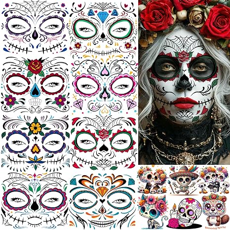 14 Sheets Day Of The Dead Face Tattoos For Halloween Temporary Tattoos Sugar Skull Catrina Makeup Kit Tattoo Sticker, Realistic Stitch Mouth Fake Tattoos Halloween Zombie Costume Dia De Los Muertos - sugar skull makeup