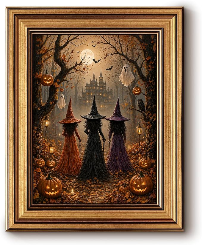 ASTRDECOR Gold Framed Halloween Canvas Wall Art, Vintage Gothic Witch Decor