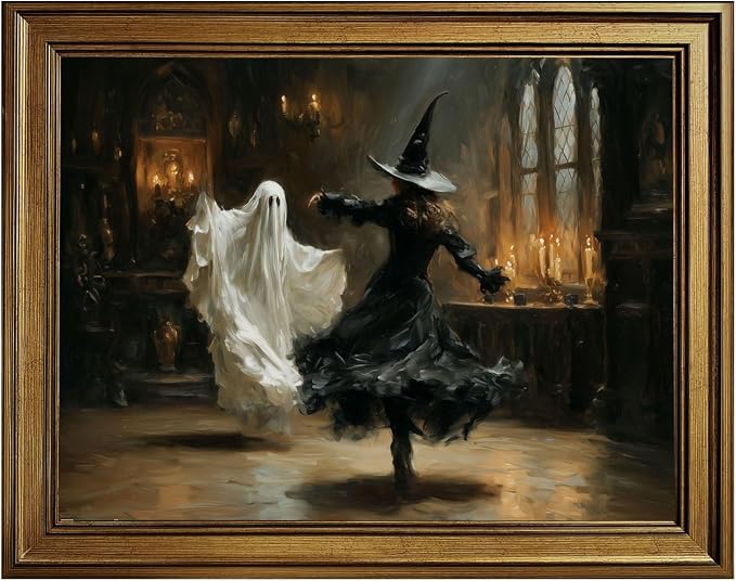 Vintage Halloween Wall Art Canvas Print Ghost Witch Dancing Painting Picture Ghost and Witch Poster Dark Academia Wall Decor Moody Spooky Artwork for Living Room Bedroom Office 12x16inch Gold Frame - skull wall art
