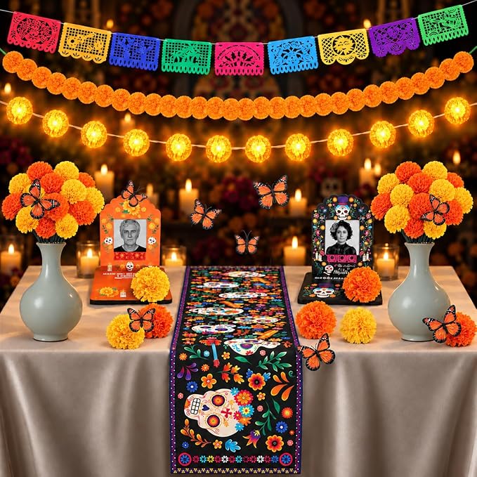 94Pcs Dia De Los Muertos Decorations Kit, Day of the Dead Altar Decor - skull figurine