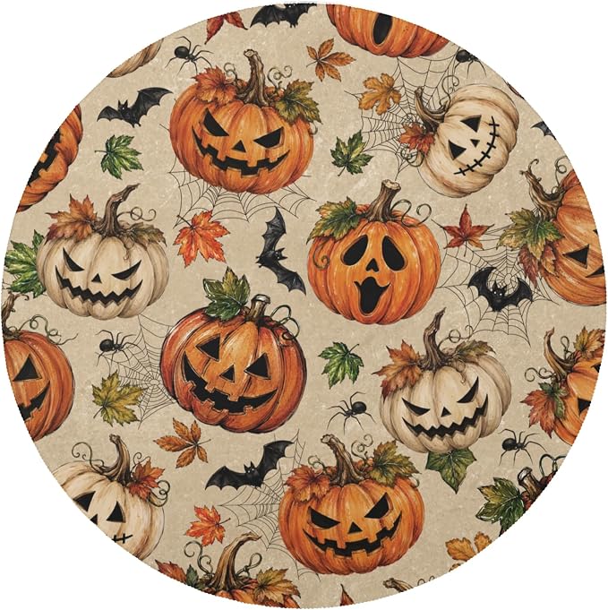 Pumpkins Halloween Circle Rugs 4ft Washable Round Area Rug Black Bats Spider Web Indoor Rugs Non Slip Soft Low Pile Circular Carpet Holiday Decor for Entryway Living Room Bedroom Kitchen - skull carpet